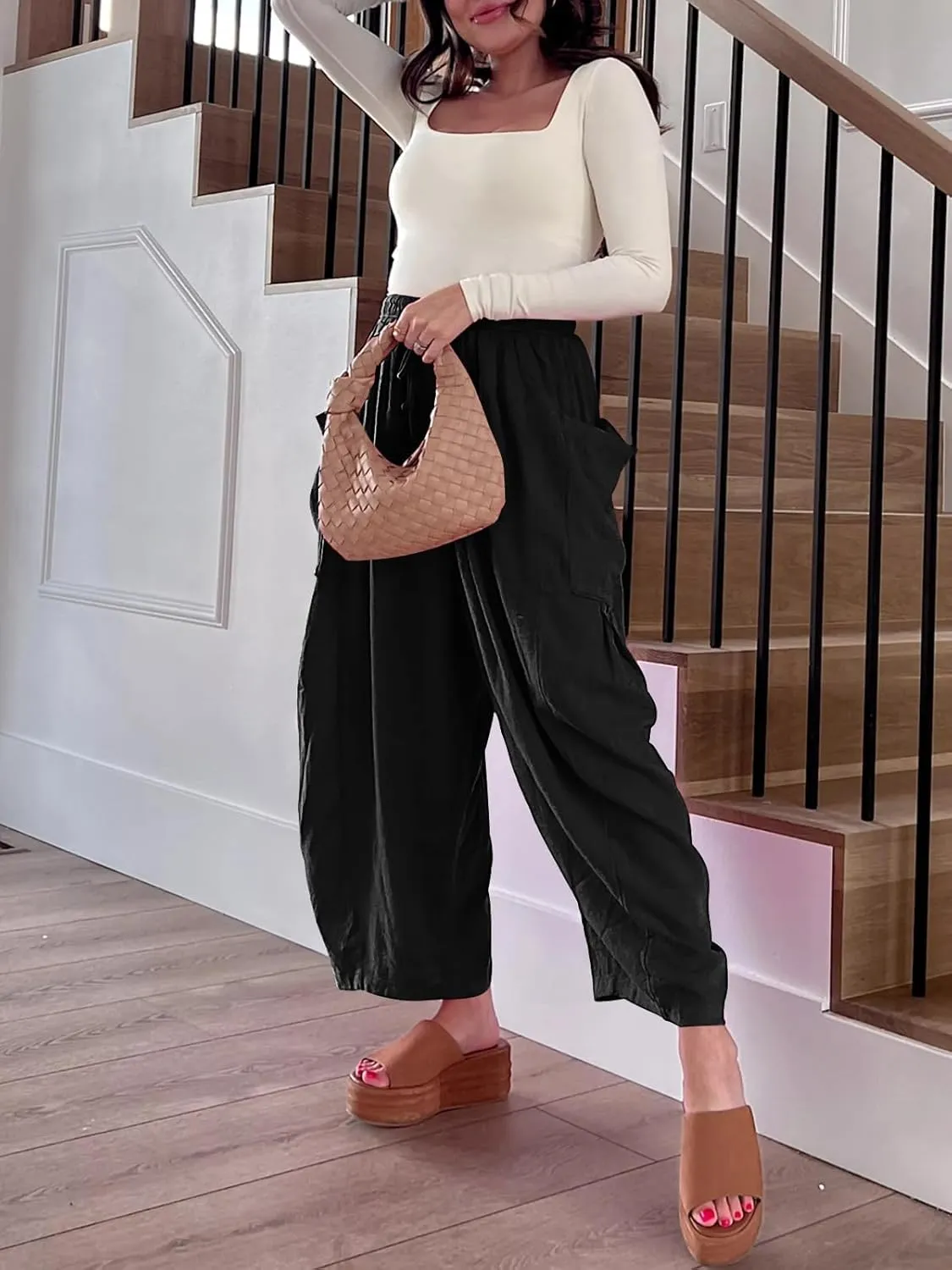 Ecokauer Women's Casual Palazzo Pants Drawstring Pleated Elastic Waist Loose Lounge Wide Leg Trousers with Pockets