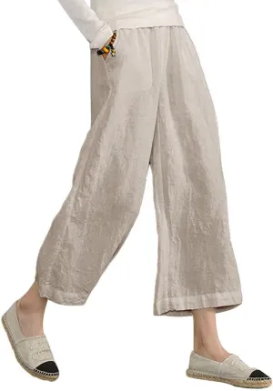 ECUPPER Womens Linen Cropped Pants Loose Casual Capri Cotton Wide Leg Plus Size Elastic Waist with Drawstring Trouses