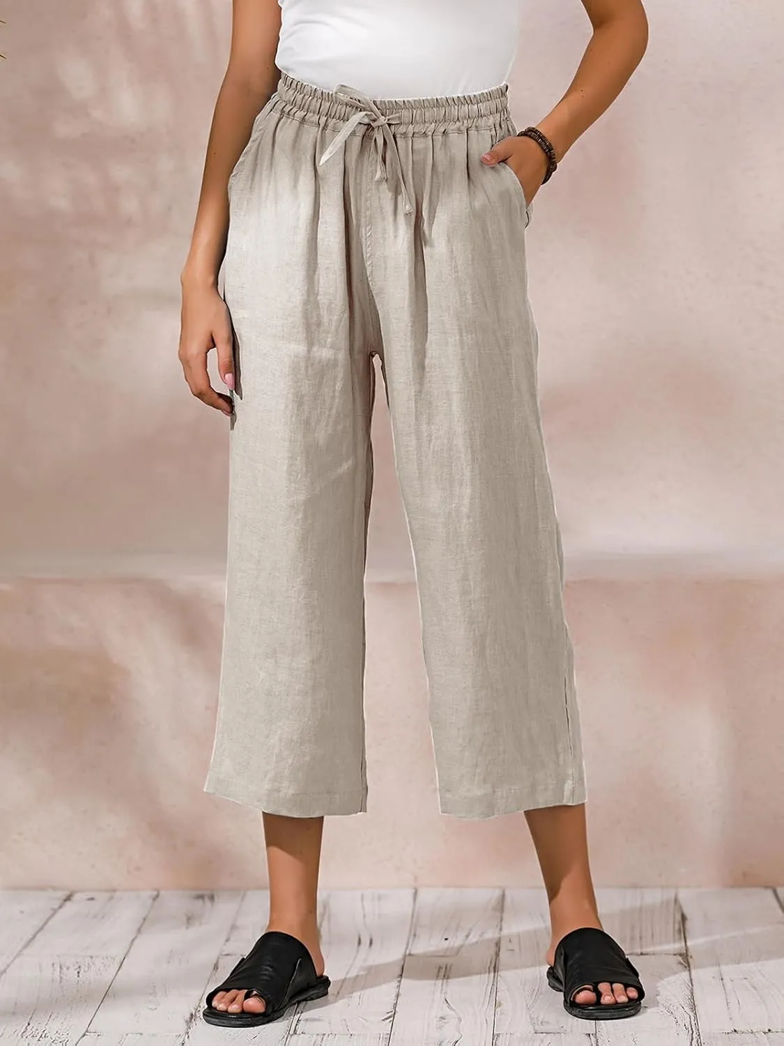 ECUPPER Womens Linen Cropped Pants Loose Casual Capri Cotton Wide Leg Plus Size Elastic Waist with Drawstring Trouses