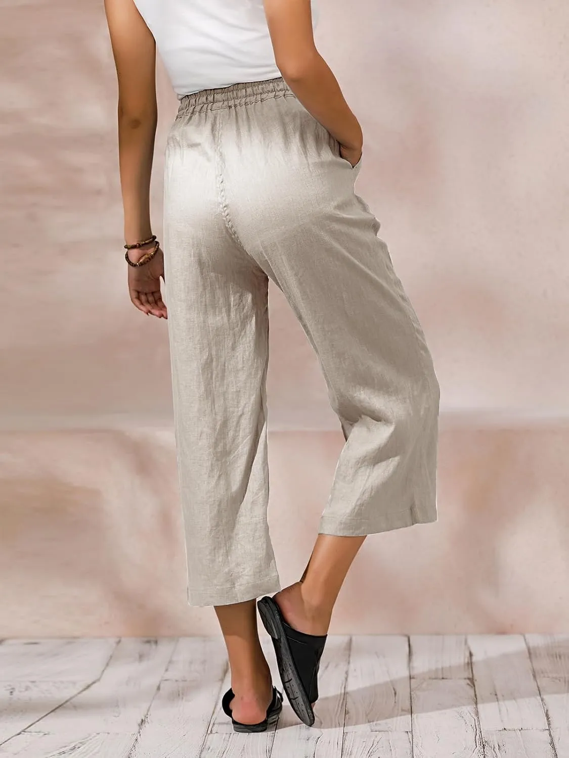 ECUPPER Womens Linen Cropped Pants Loose Casual Capri Cotton Wide Leg Plus Size Elastic Waist with Drawstring Trouses