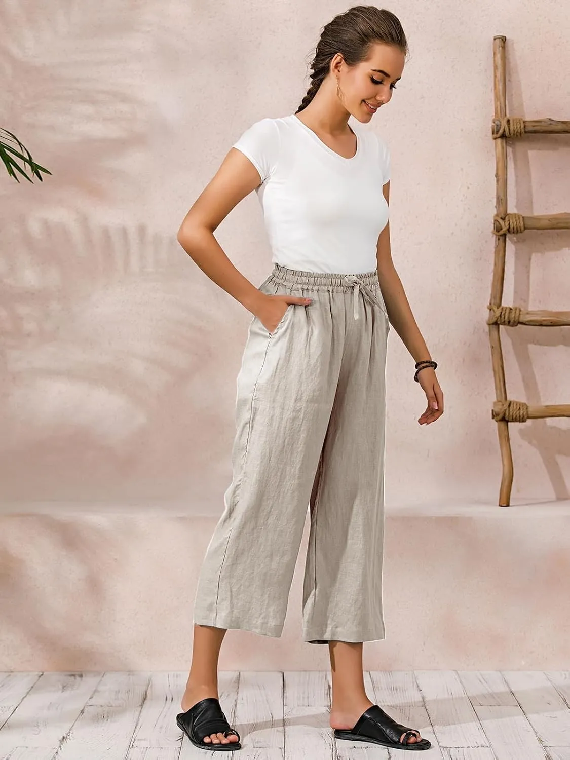 ECUPPER Womens Linen Cropped Pants Loose Casual Capri Cotton Wide Leg Plus Size Elastic Waist with Drawstring Trouses