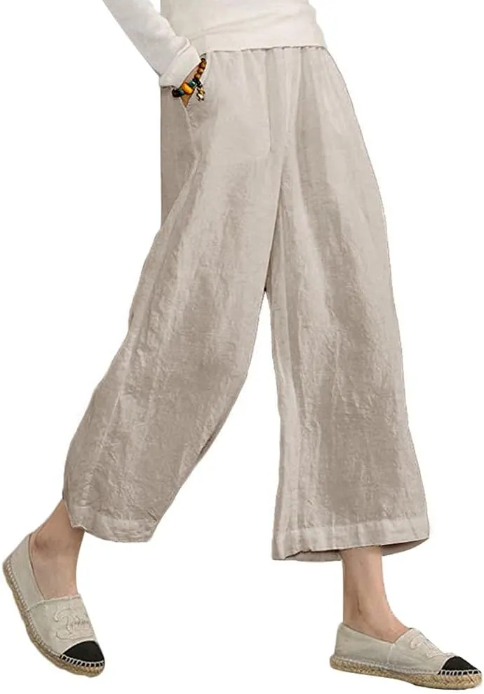 ECUPPER Womens Linen Cropped Pants Loose Casual Capri Cotton Wide Leg Plus Size Elastic Waist with Drawstring Trouses