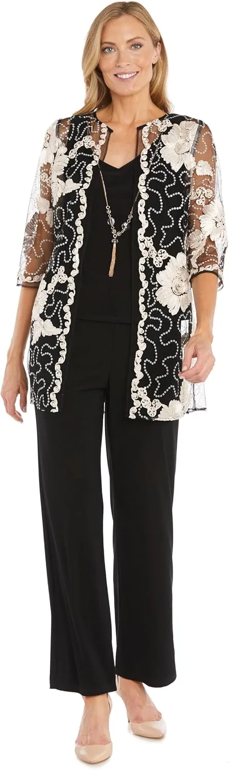 Elegant 3-Piece Sequin Soutache Cardigan Pantsuit Set W/Necklace - Includes Tank Top & Wide Leg Pull-On Pants