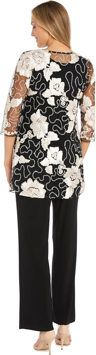 Elegant 3-Piece Sequin Soutache Cardigan Pantsuit Set W/Necklace - Includes Tank Top & Wide Leg Pull-On Pants