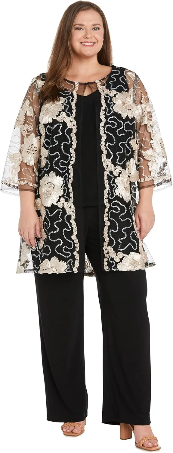 Elegant 3-Piece Sequin Soutache Cardigan Pantsuit Set W/Necklace - Includes Tank Top & Wide Leg Pull-On Pants