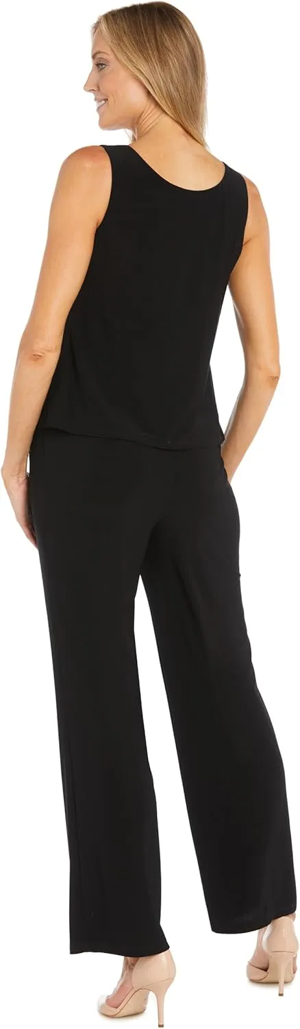 Elegant 3-Piece Sequin Soutache Cardigan Pantsuit Set W/Necklace - Includes Tank Top & Wide Leg Pull-On Pants