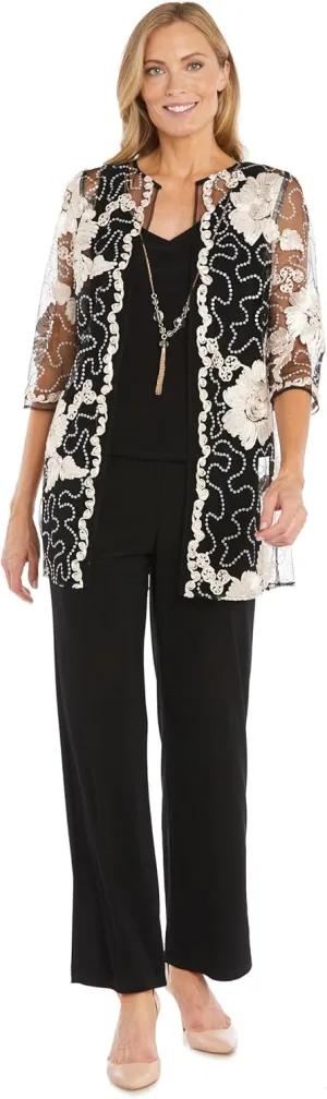 Elegant 3-Piece Sequin Soutache Cardigan Pantsuit Set W/Necklace - Includes Tank Top & Wide Leg Pull-On Pants