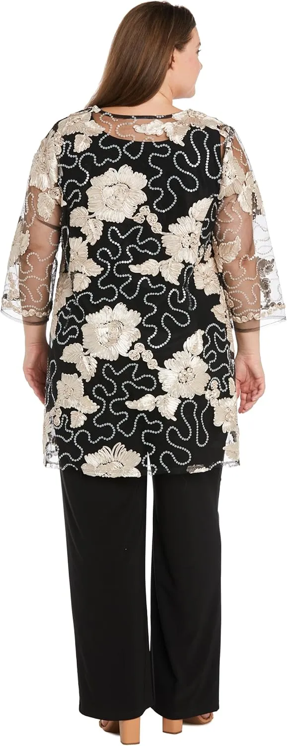 Elegant 3-Piece Sequin Soutache Cardigan Pantsuit Set W/Necklace - Includes Tank Top & Wide Leg Pull-On Pants