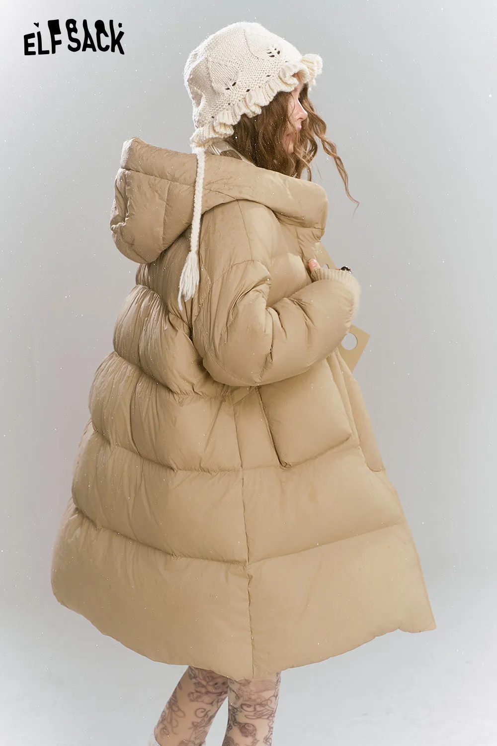 ELFSACK 2024 Winter New Arrivals Casual loose medium hooded warm down jacket for women, with threaded cuffs and cow horn buttons