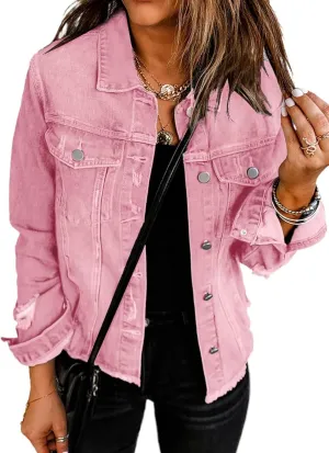 EVALESS Womens Boyfriend Washed Crop Denim Jean Jacket Coat