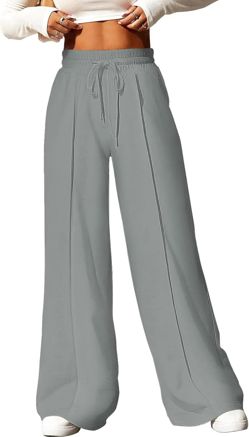 EVALESS Womens High Waisted Baggy Drawstring Sweatpants Casual Wide Leg Pants Long Trouser Slacks with Pockets