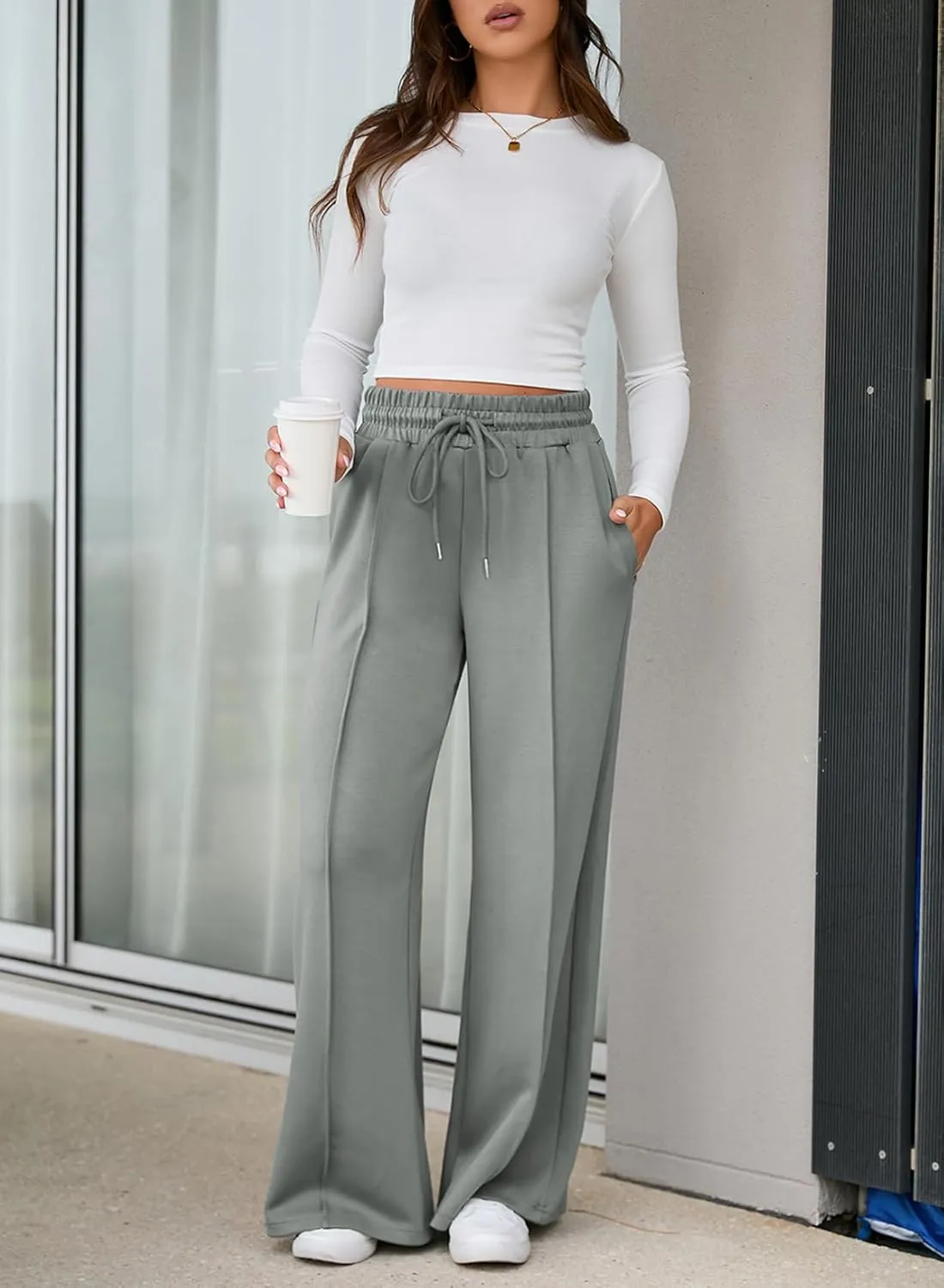 EVALESS Womens High Waisted Baggy Drawstring Sweatpants Casual Wide Leg Pants Long Trouser Slacks with Pockets