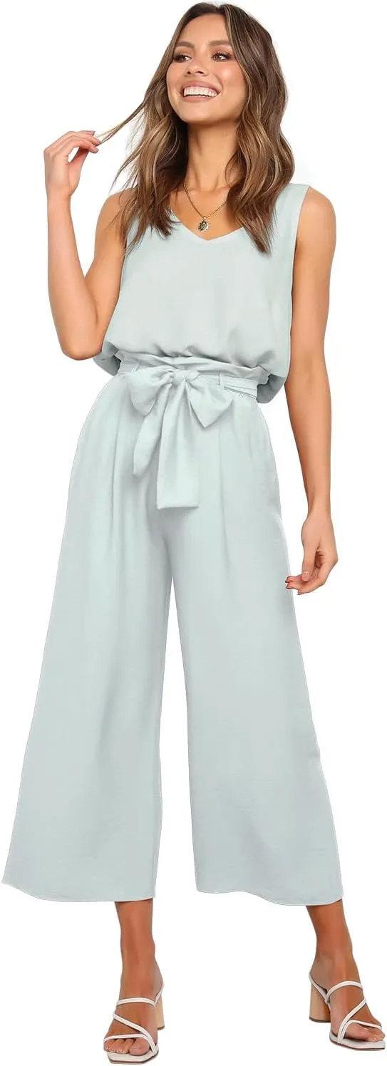 FANCYINN Womens 2 Piece Set V Neck Tank Wide Strap Tops High Waisted Cropped Paper Bag Pants with Belt
