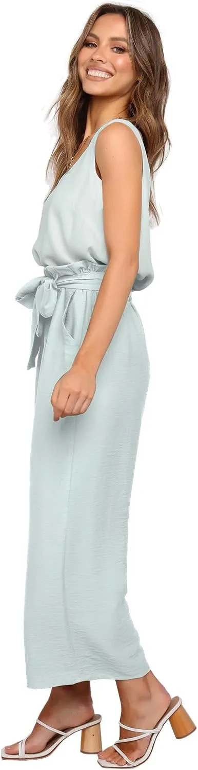 FANCYINN Womens 2 Piece Set V Neck Tank Wide Strap Tops High Waisted Cropped Paper Bag Pants with Belt