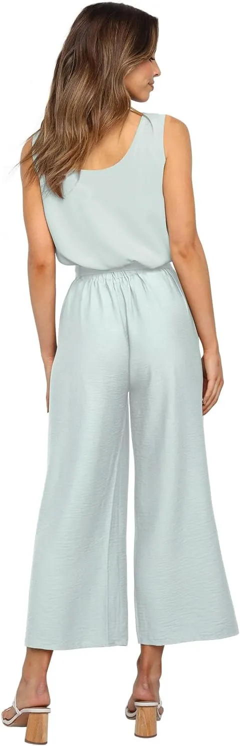 FANCYINN Womens 2 Piece Set V Neck Tank Wide Strap Tops High Waisted Cropped Paper Bag Pants with Belt