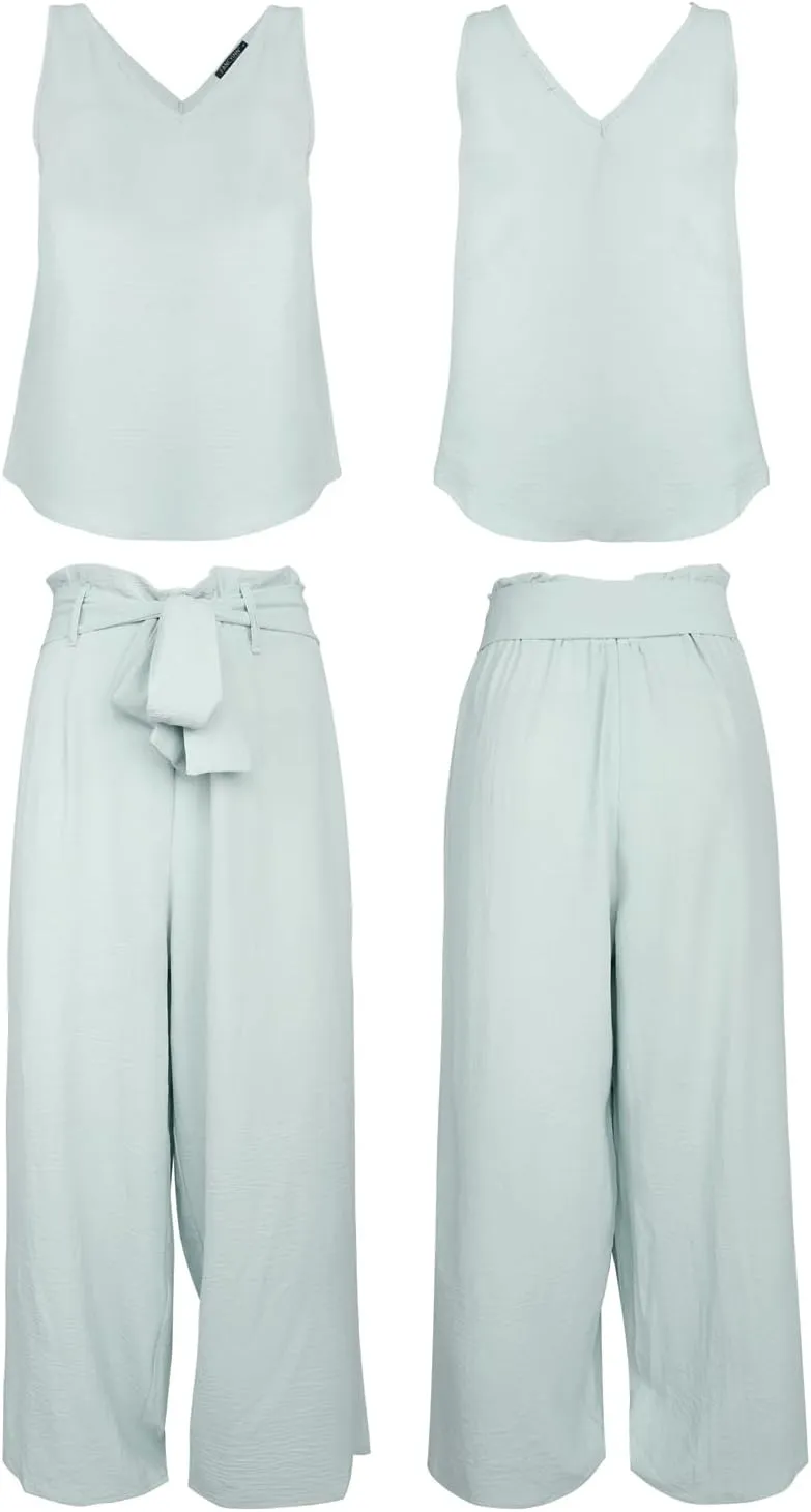 FANCYINN Womens 2 Piece Set V Neck Tank Wide Strap Tops High Waisted Cropped Paper Bag Pants with Belt