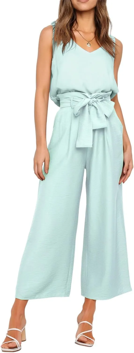 FANCYINN Womens 2 Piece Set V Neck Tank Wide Strap Tops High Waisted Cropped Paper Bag Pants with Belt