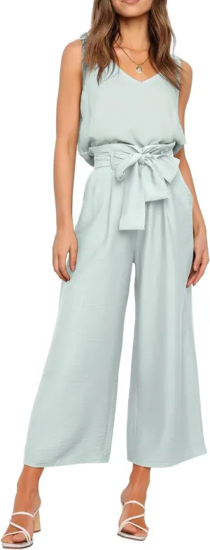 FANCYINN Womens 2 Piece Set V Neck Tank Wide Strap Tops High Waisted Cropped Paper Bag Pants with Belt