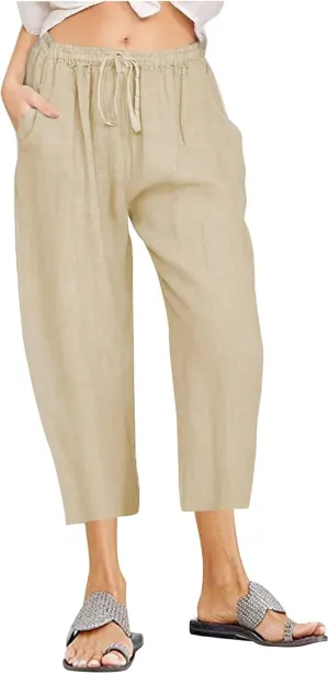 Firzero Linen Pants for Women 2024 Summer Beach Capris Sweatpants Elastic High Waist Yoga Pants Cropped Lounge Pants