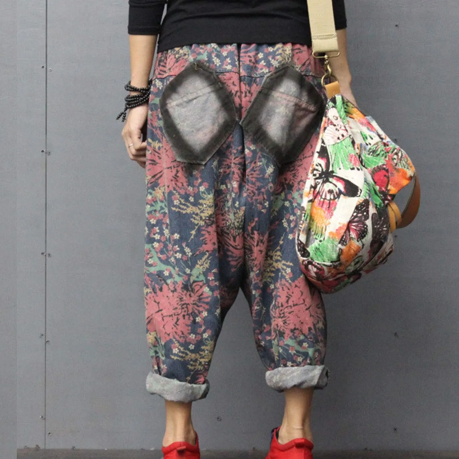 Flygo Womens Floral Patchwork Drop Crotch Pants Thai Hippie Harem Jogger Pants