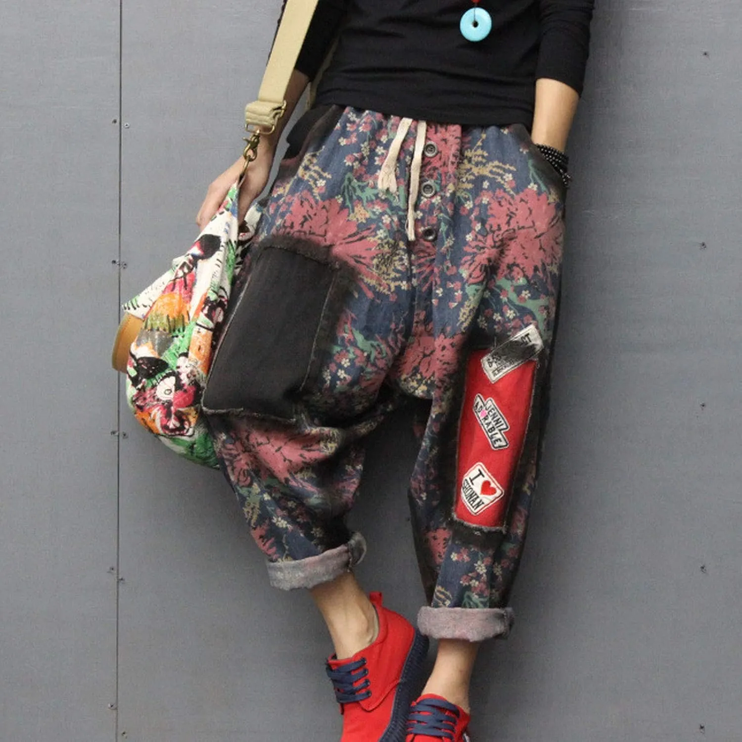 Flygo Womens Floral Patchwork Drop Crotch Pants Thai Hippie Harem Jogger Pants