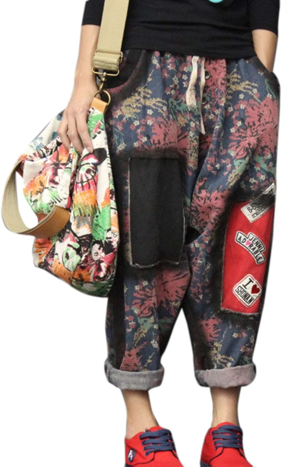 Flygo Womens Floral Patchwork Drop Crotch Pants Thai Hippie Harem Jogger Pants