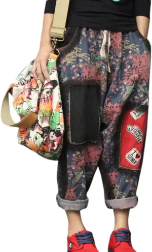Flygo Womens Floral Patchwork Drop Crotch Pants Thai Hippie Harem Jogger Pants