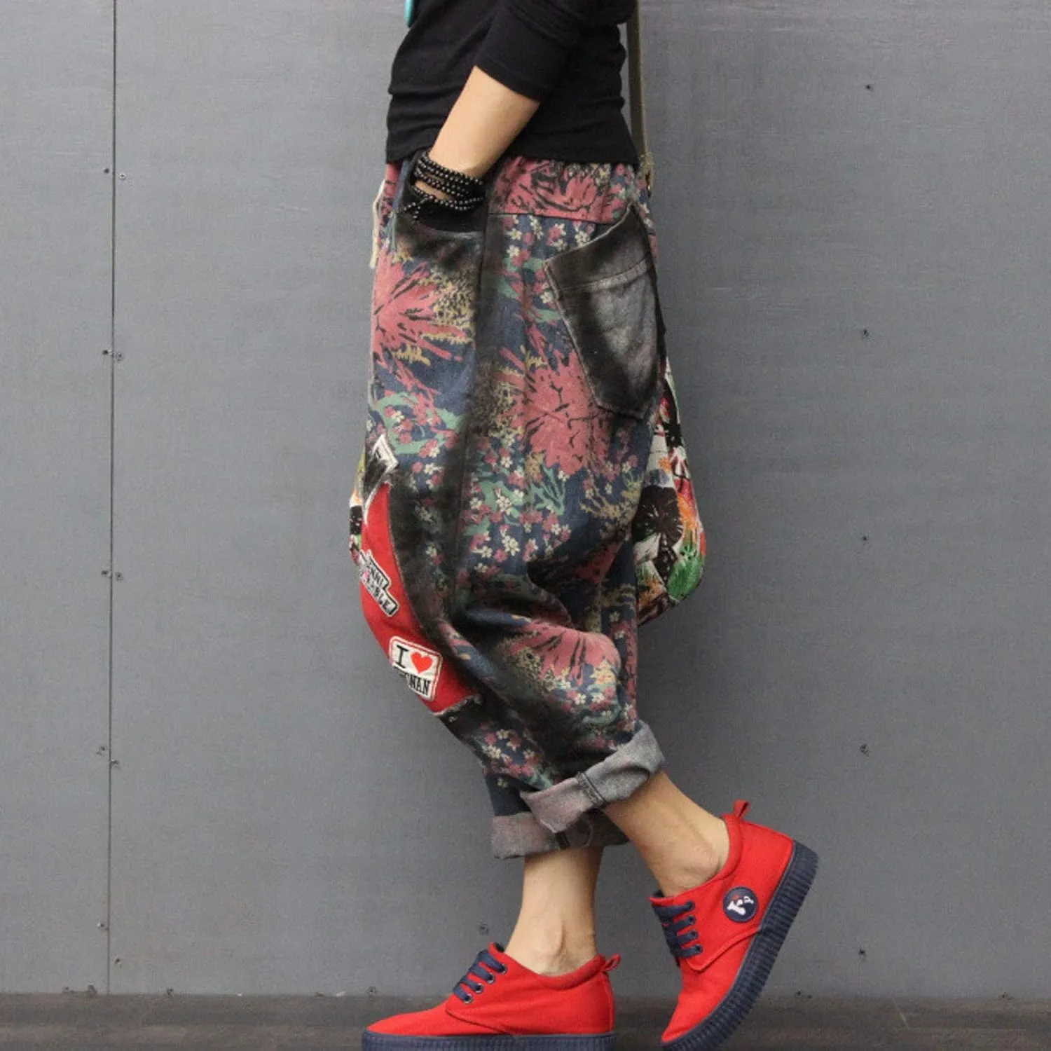 Flygo Womens Floral Patchwork Drop Crotch Pants Thai Hippie Harem Jogger Pants