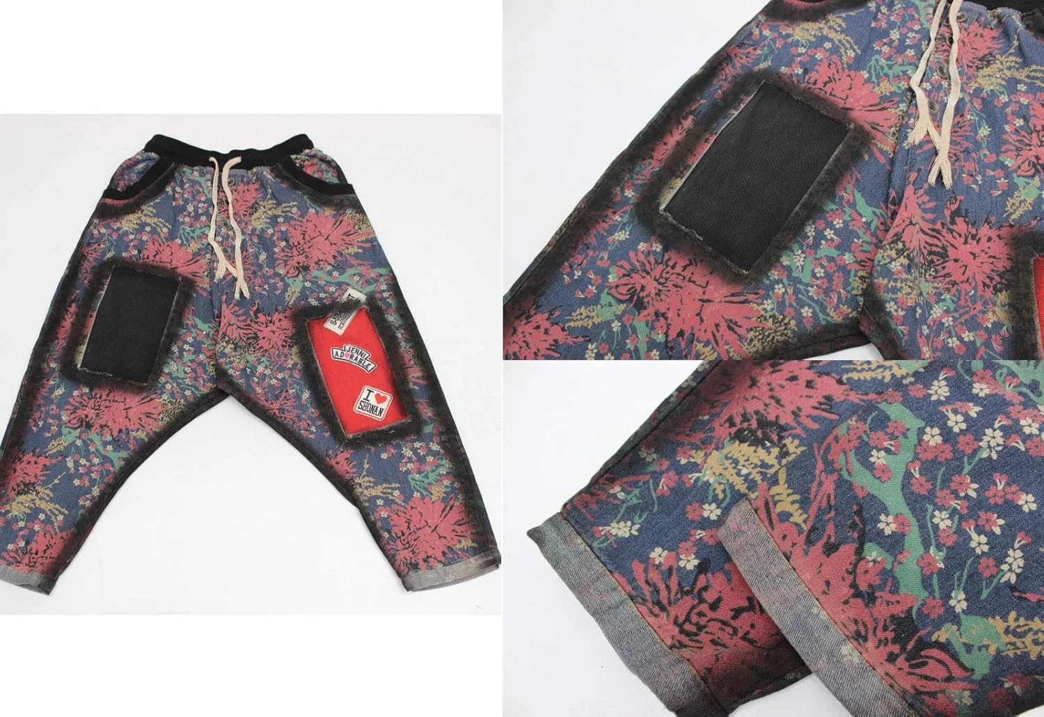 Flygo Womens Floral Patchwork Drop Crotch Pants Thai Hippie Harem Jogger Pants
