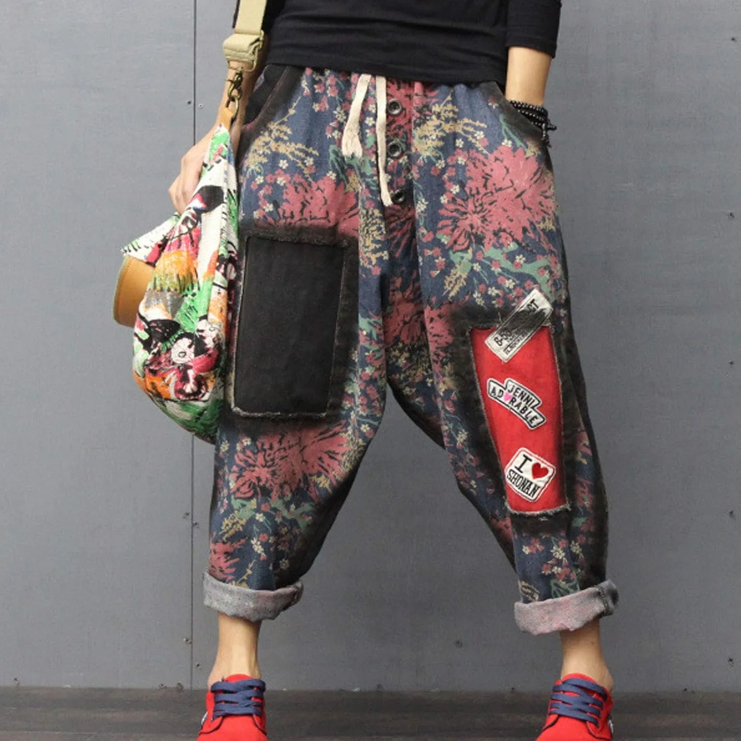 Flygo Womens Floral Patchwork Drop Crotch Pants Thai Hippie Harem Jogger Pants