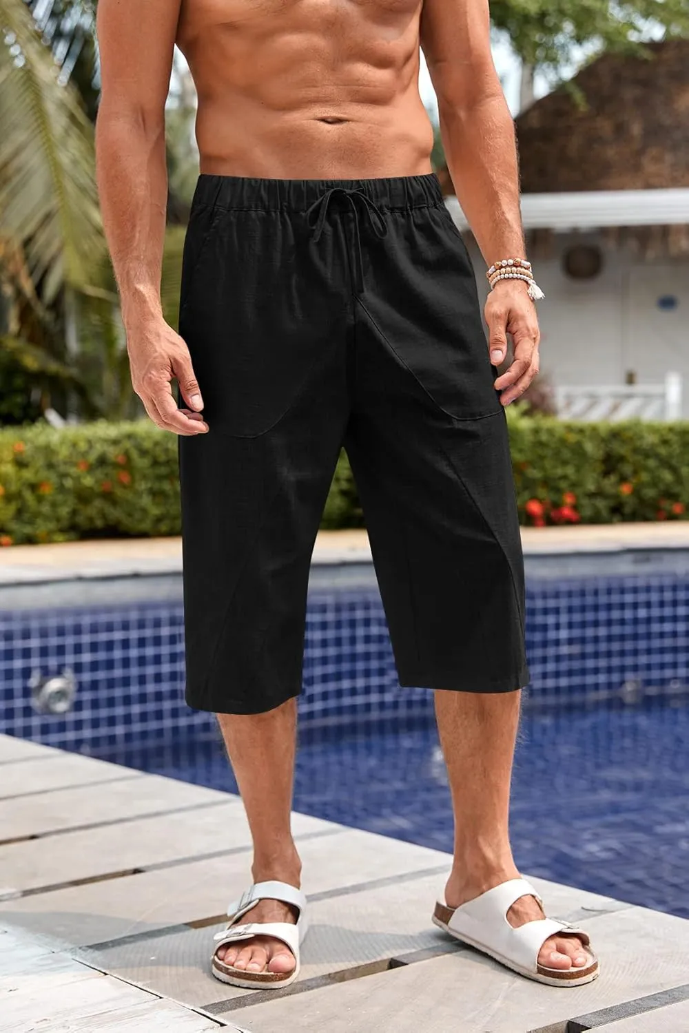 Fommykin Men's Cotton Linen Capri Pants Baggy Harem Drawstring Yoga Beach Pants with Pockets