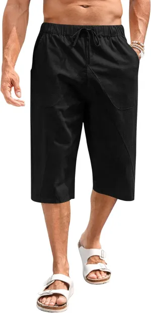 Fommykin Men's Cotton Linen Capri Pants Baggy Harem Drawstring Yoga Beach Pants with Pockets