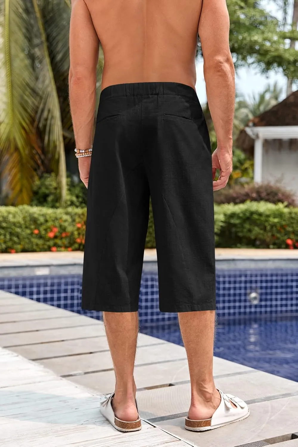 Fommykin Men's Cotton Linen Capri Pants Baggy Harem Drawstring Yoga Beach Pants with Pockets