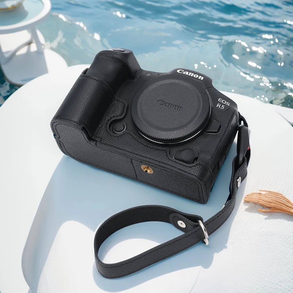 for Canon EOS R5 Camera Case,Handmade Genuine Real Leather Half Camera Case Bag Cover for Canon EOS R5 Camera Bottom Opening Version   Hand Strap (Black)