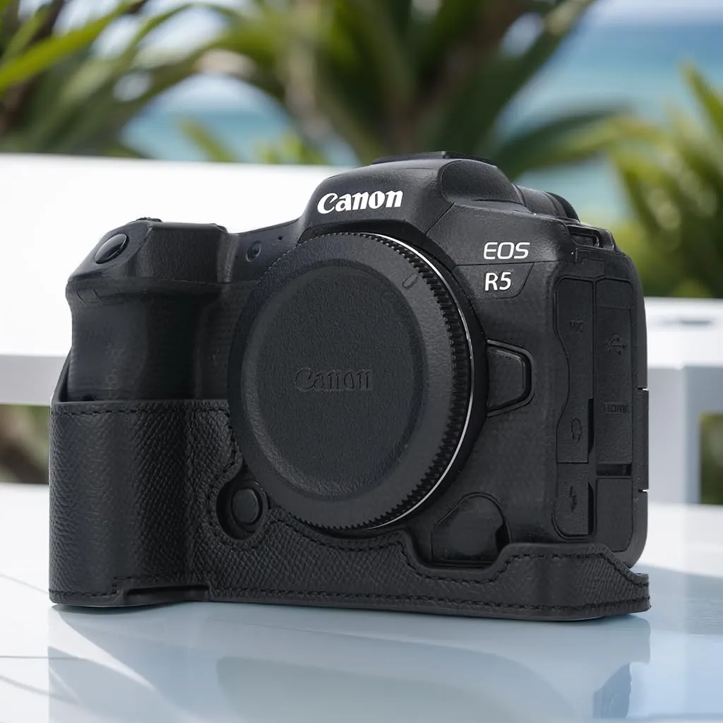 for Canon EOS R5 Camera Case,Handmade Genuine Real Leather Half Camera Case Bag Cover for Canon EOS R5 Camera Bottom Opening Version   Hand Strap (Black)