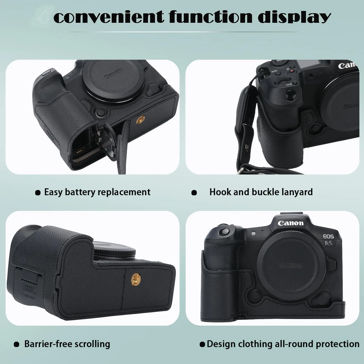 for Canon EOS R5 Camera Case,Handmade Genuine Real Leather Half Camera Case Bag Cover for Canon EOS R5 Camera Bottom Opening Version   Hand Strap (Black)