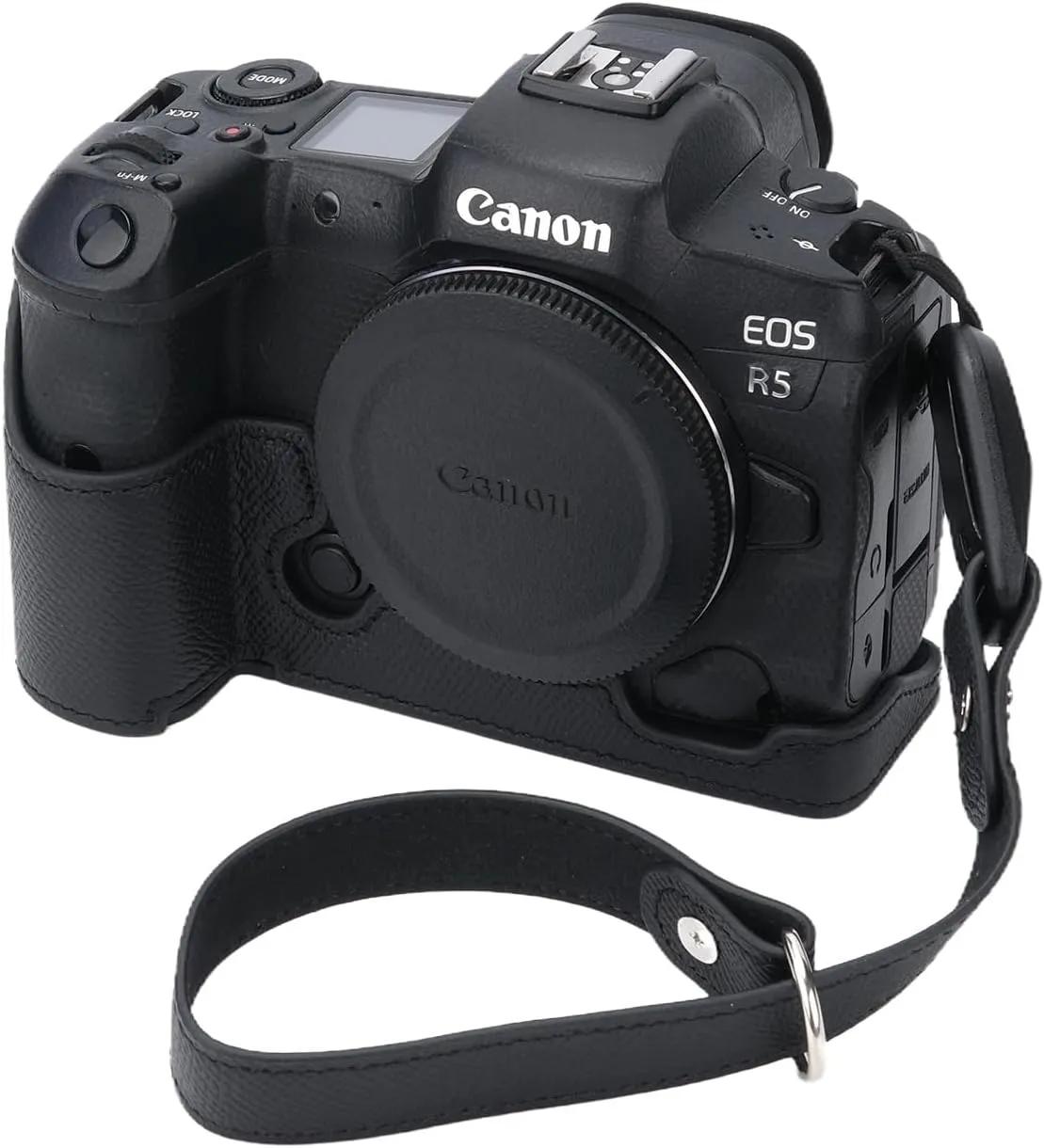 for Canon EOS R5 Camera Case,Handmade Genuine Real Leather Half Camera Case Bag Cover for Canon EOS R5 Camera Bottom Opening Version   Hand Strap (Black)
