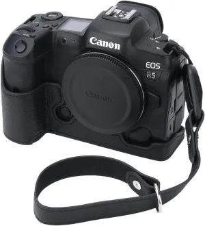 for Canon EOS R5 Camera Case,Handmade Genuine Real Leather Half Camera Case Bag Cover for Canon EOS R5 Camera Bottom Opening Version   Hand Strap (Black)