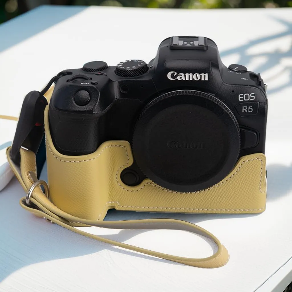for Canon EOS R6/R6II Camera Case,Handmade Genuine Real Leather Half Camera Case Bag Cover for Canon EOS R6/R6II Camera Bottom Opening Version   Hand Strap (Yellow)