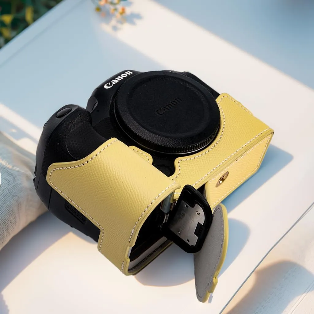 for Canon EOS R6/R6II Camera Case,Handmade Genuine Real Leather Half Camera Case Bag Cover for Canon EOS R6/R6II Camera Bottom Opening Version   Hand Strap (Yellow)