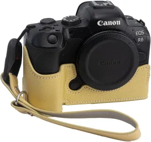 for Canon EOS R6/R6II Camera Case,Handmade Genuine Real Leather Half Camera Case Bag Cover for Canon EOS R6/R6II Camera Bottom Opening Version   Hand Strap (Yellow)