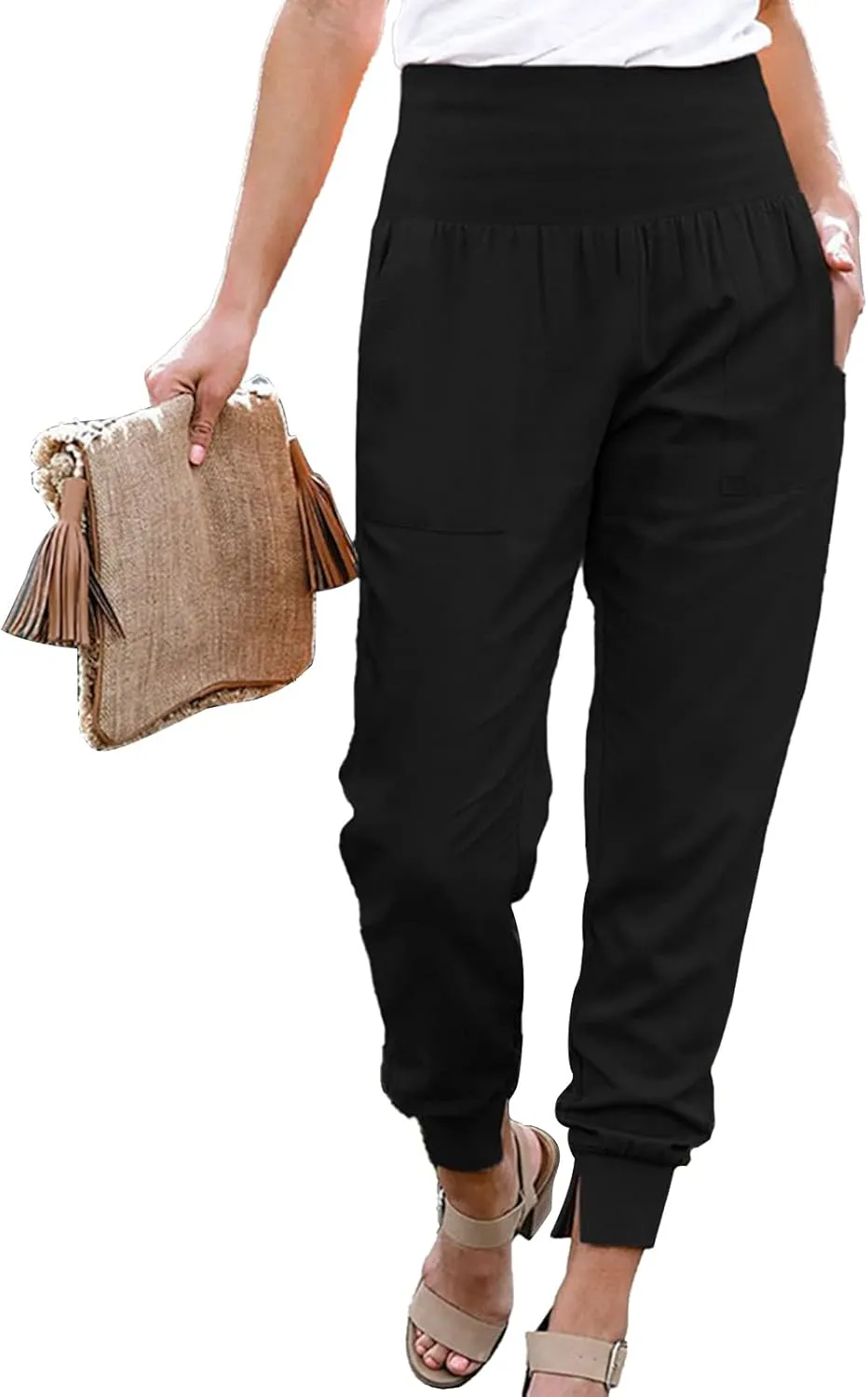 GOTOTOP Women Elastic High Waist Split Hem Pants Casual Sweatpants Loose Drawstring Pencil Trousers Jogger with Pockets(M-Black)