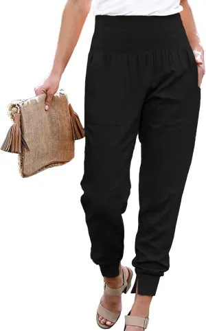 GOTOTOP Women Elastic High Waist Split Hem Pants Casual Sweatpants Loose Drawstring Pencil Trousers Jogger with Pockets(M-Black)