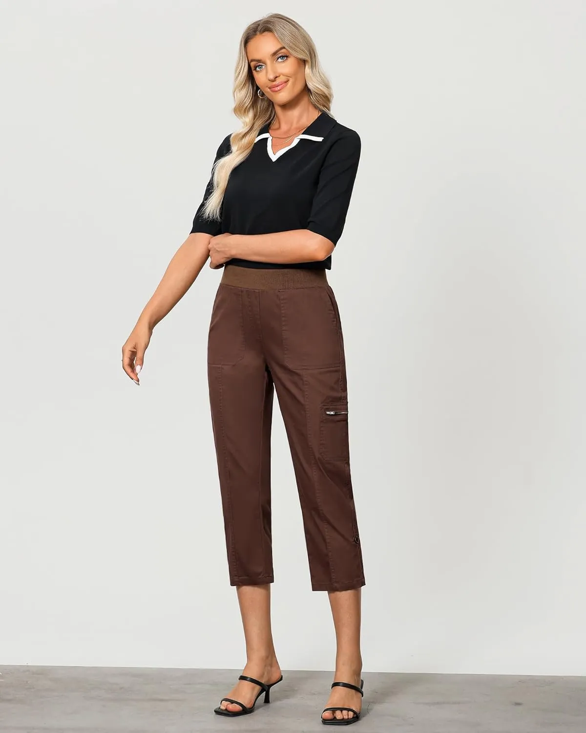 GRAPENT Capri Cargo Pants for Women High Waisted Pull On Elastic Waist Stretch Twill Fold Hem Capris Pants with Pockets