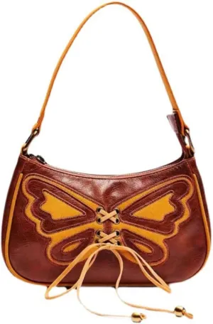 GRPKSSIB Women PU Tote Bag Embroidered Butterfly Purse Retro Saddle Hand Bag