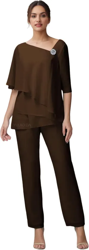 Half Sleeve Mother of The Bride Pant Suits for Women Dressy 2 pcs Tiered Formal Pantsuits for Wedding Guest 2025