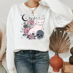 Halloween Pastel, Gothic Shirt, Witchy Vibes Halloween Sweatshirt, Moon Shirt, Skull Shirt, Pastel Goth Style Grunge Clothing, Cat Shirt