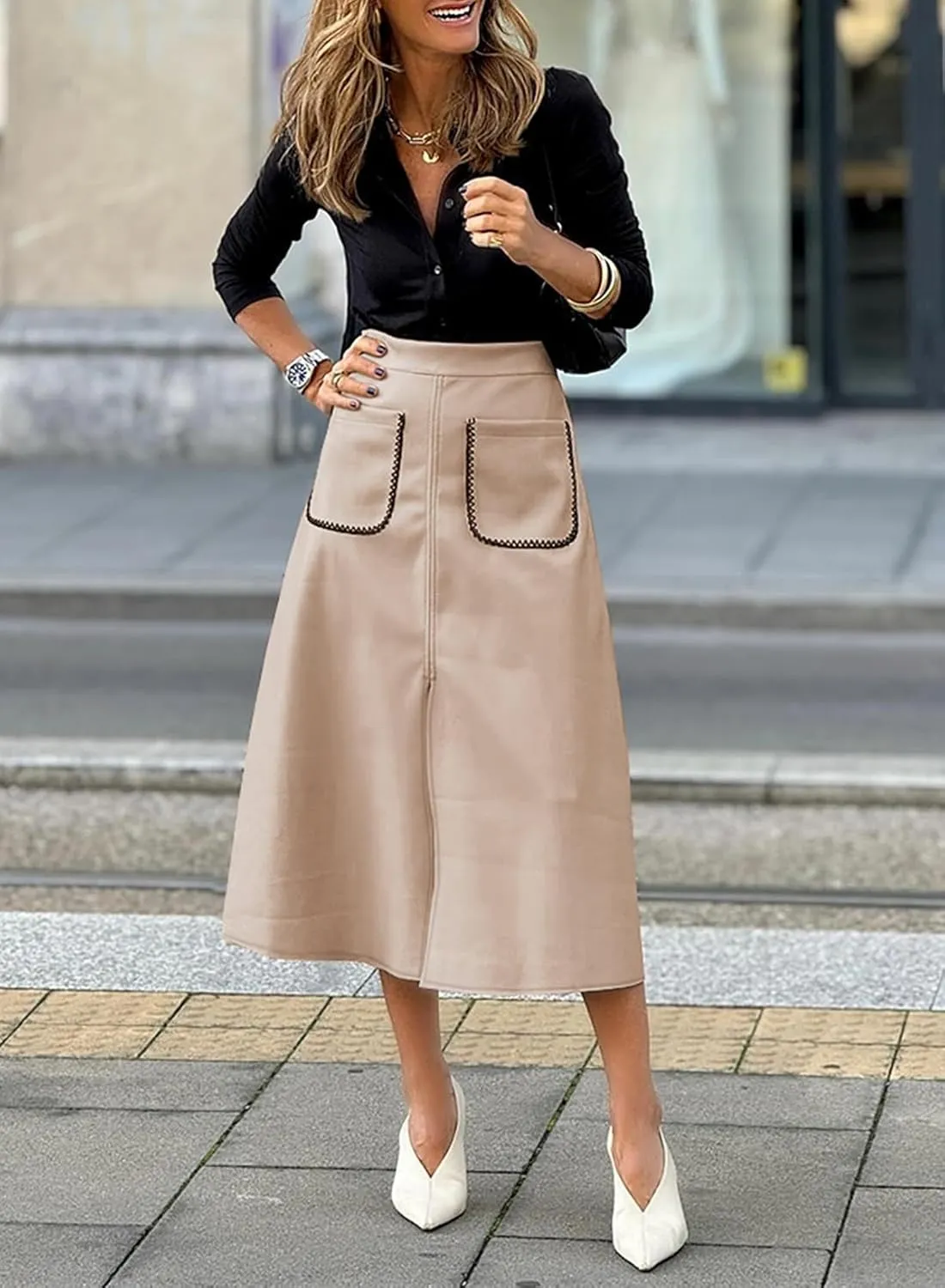 Happy Sailed Women's Faux Suede Skirt Spring Winter Elastic Waist Front Pockets A Line Midi Skirts with Split