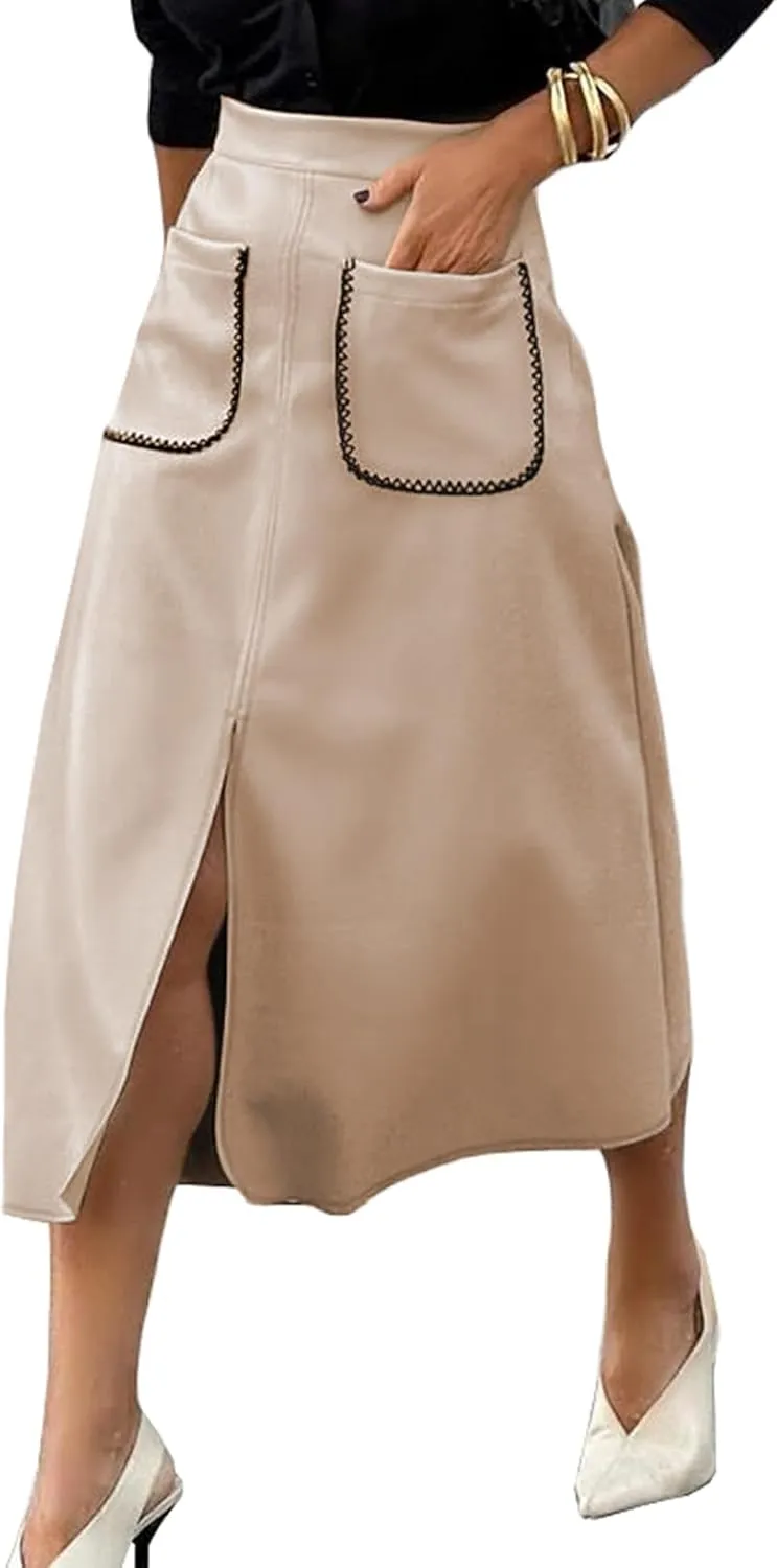 Happy Sailed Women's Faux Suede Skirt Spring Winter Elastic Waist Front Pockets A Line Midi Skirts with Split