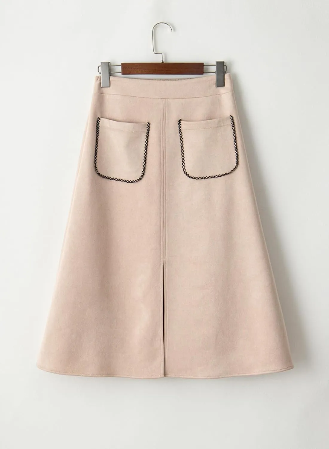 Happy Sailed Women's Faux Suede Skirt Spring Winter Elastic Waist Front Pockets A Line Midi Skirts with Split